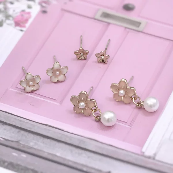 甜嫩粉櫻珍珠×三套件耳環組